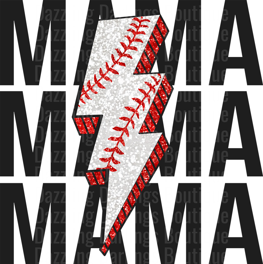 Baseball Mama Lightning Bolt Glitter Red White Design
