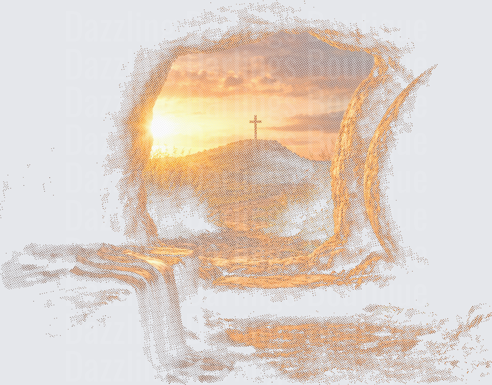 Cross on Hill at Sunset Halftone Vintage Design
