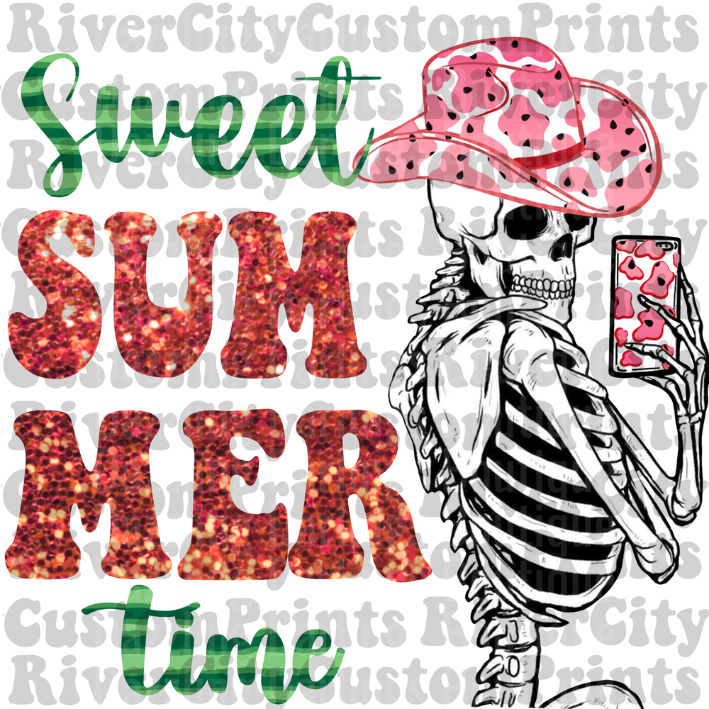 Sweet Summer Time Skeleton with Watermelon Bandana and Phone