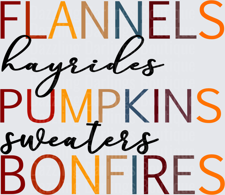 Flannels Hayrides Pumpkins Sweaters Bonfires Fall