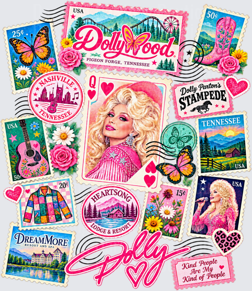 Dolly Parton Tennessee Stamp Collection Collage Pink