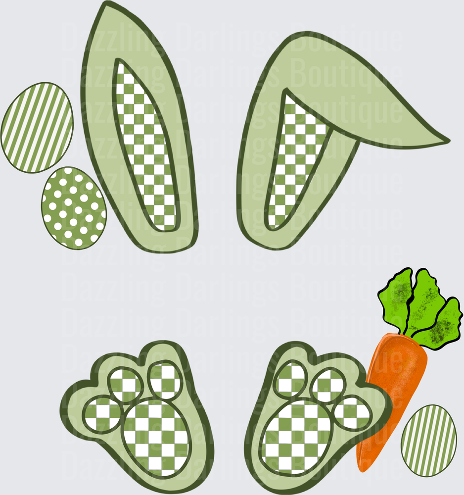 Green Easter Bunny Ears and Paws with Carrot and Eggs