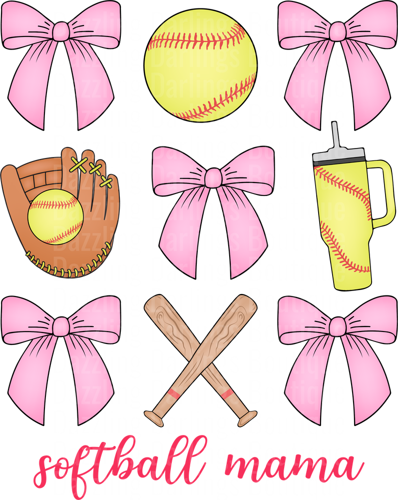 Softball Mama Pink Bows Baseball Equipment Pattern