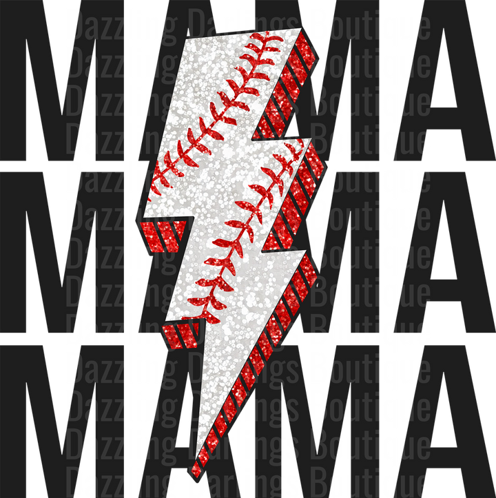 Baseball Mama Lightning Bolt Red Glitter Design