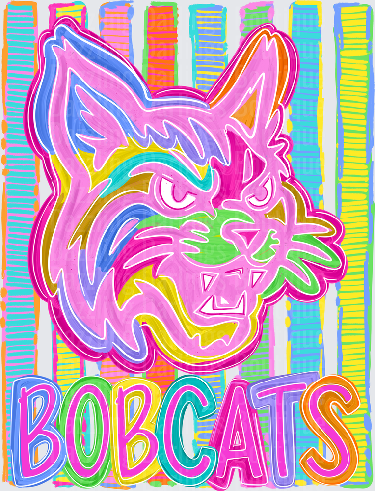 Neon Rainbow Bobcats Fierce Mascot Head Colorful Stripes
