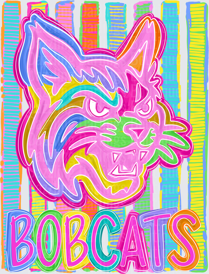 Neon Rainbow Bobcats Fierce Mascot Head Colorful Stripes