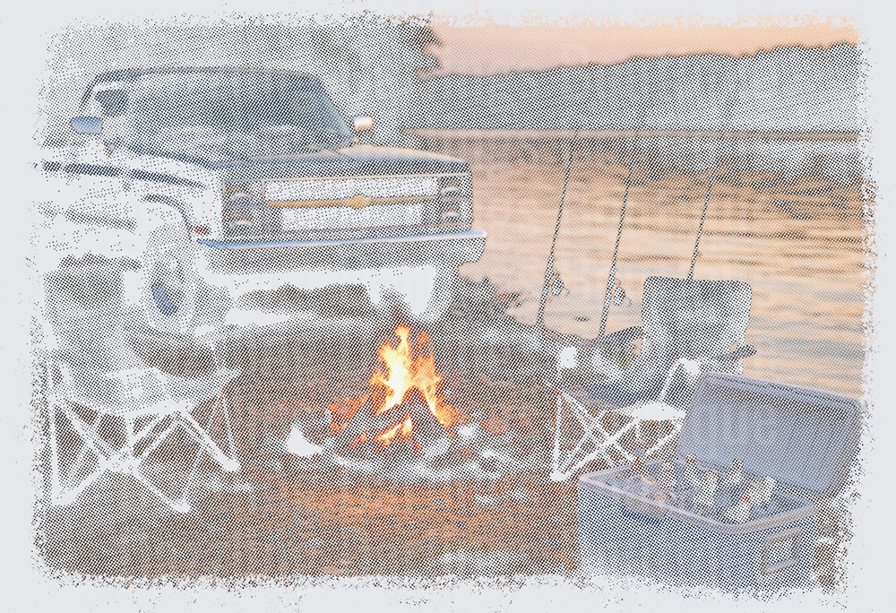 Vintage Halftone Campfire Scene with Silhouettes Around Fire