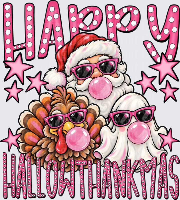 Happy Hallowthankmas Santa Turkey Ghost Pink Bubble Gum