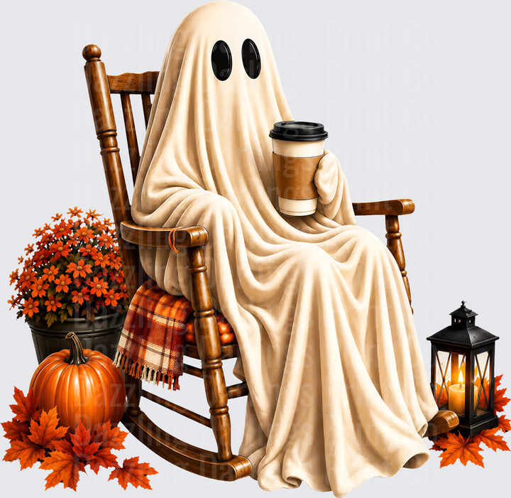 Cozy Ghost in Rocking Chair with Coffee Fall Halloween