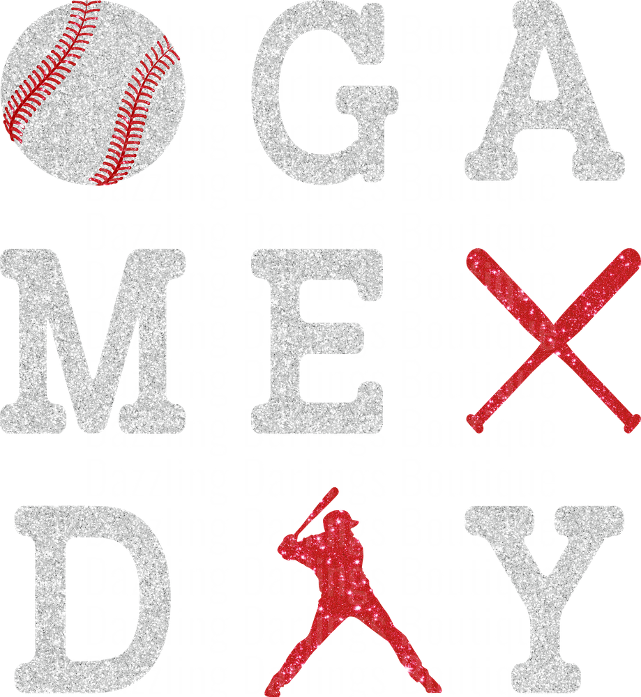 Game Day Baseball Glitter Text with Crossed Bats and Batter Silhouette