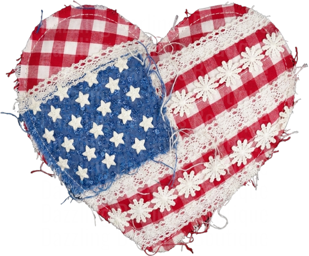 Patriotic American Flag Heart with Lace and Gingham Fabric