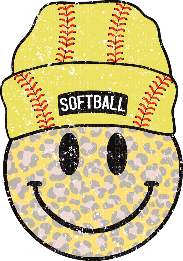 Softball Smiley Face with Yellow Beanie Leopard Print