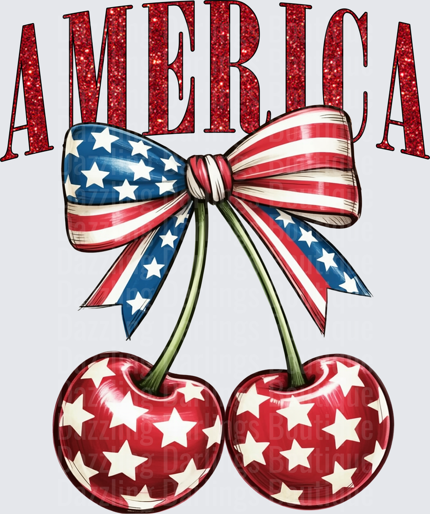 America Glitter Text Patriotic Cherries Stars and Stripes Bow