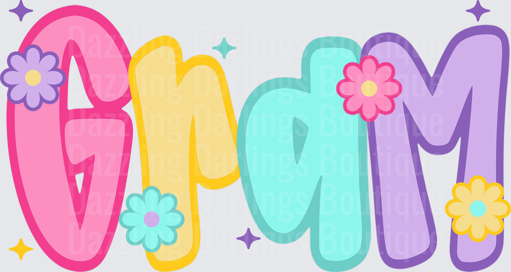 Colorful Grandma Letters with Flowers and Sparkles