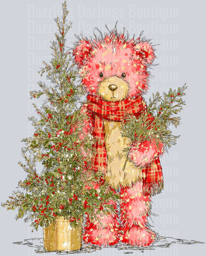 Christmas Teddy Bear Pink Bear Gold Tree