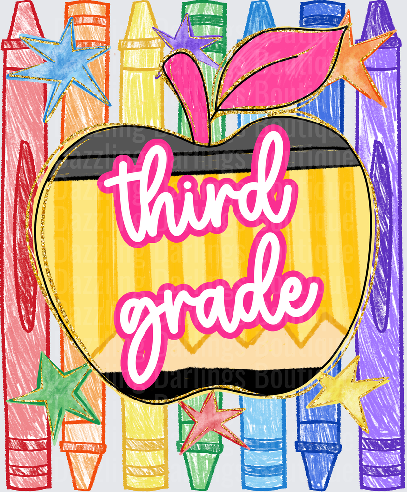 Third Grade Pencil Apple Rainbow Crayons Back to School