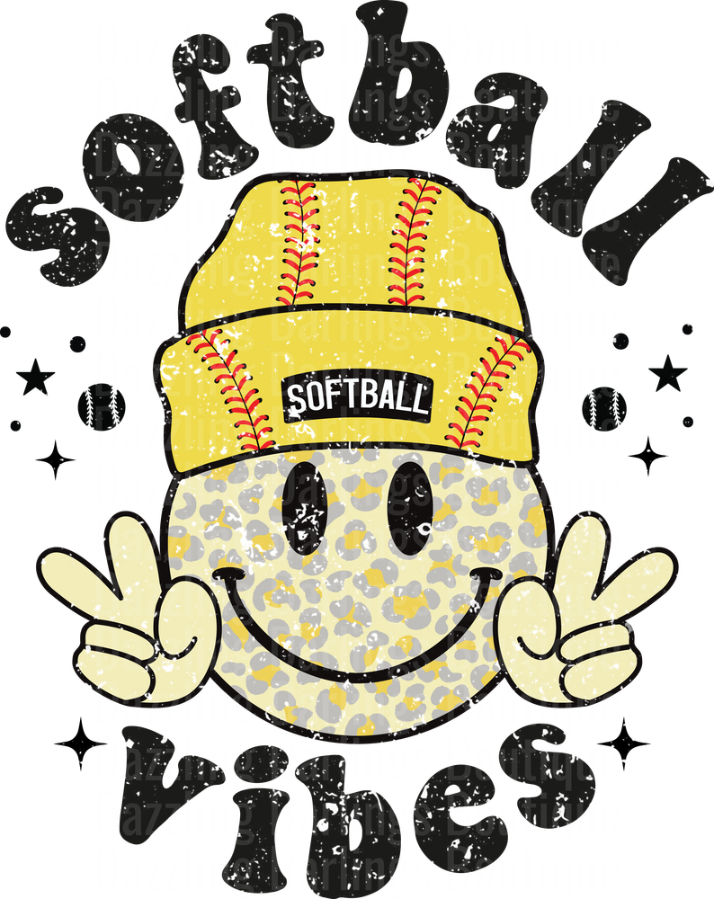 Softball Vibes Smiley Face with Peace Signs and Leopard Print