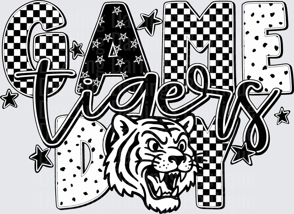 Game Day Tigers Roaring Mascot Checkered Stars Design