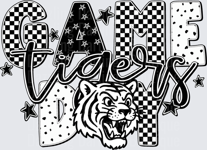 Game Day Tigers Roaring Mascot Checkered Stars Design