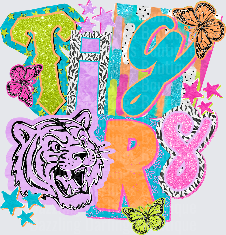 Retro Glitter Tigers Mascot with Butterflies and Stars
