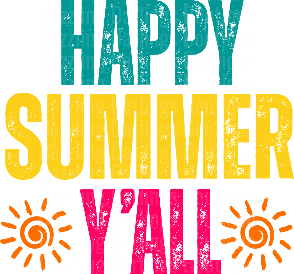 Happy Summer Y'all with Orange Suns Vintage Distressed Text