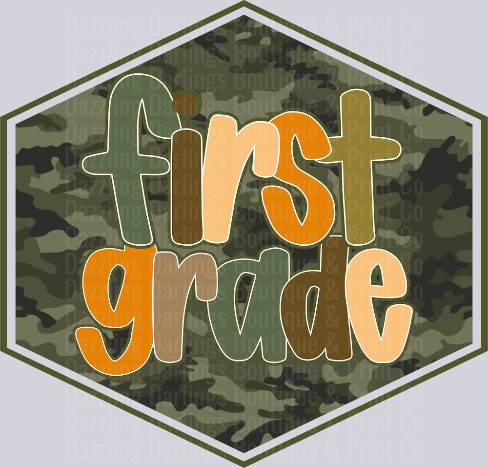 First Grade Camo Hexagon Badge Orange Green Letters