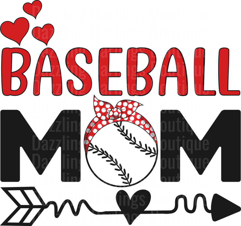 Baseball Mom with Red Bandana Bow and Hearts Arrow Design