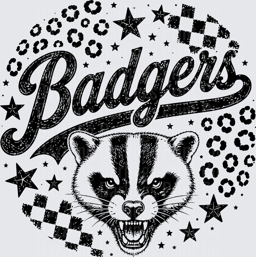 Badgers Script Fierce Badger Face Stars Checkered Leopard