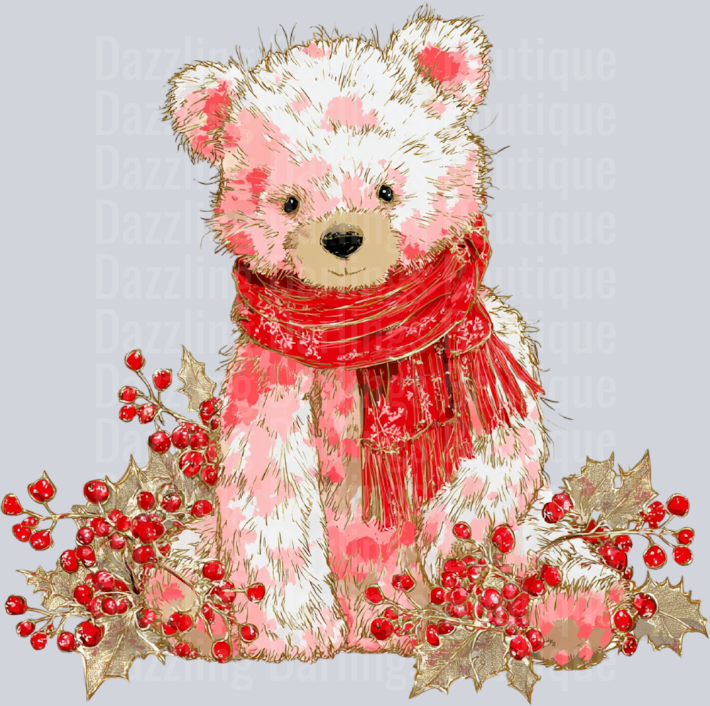Christmas Teddy Bear Pink Holly Berries