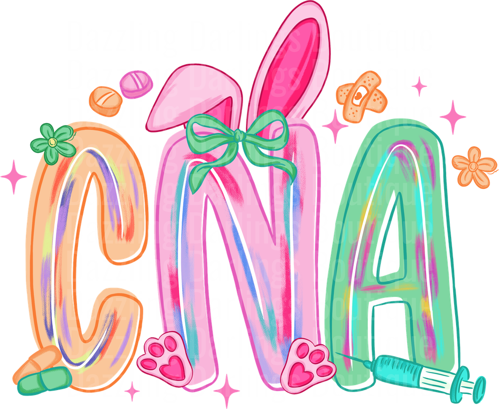 CNA Rainbow Letters with Pink Bunny Ears Bow and Medical Syringe