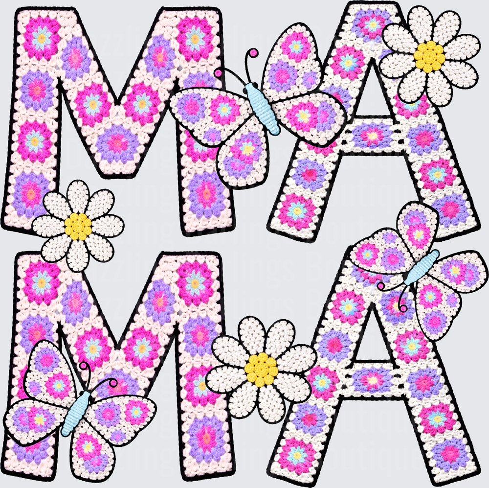 Crochet Granny Square MAMA Letters with Daisies and Butterflies
