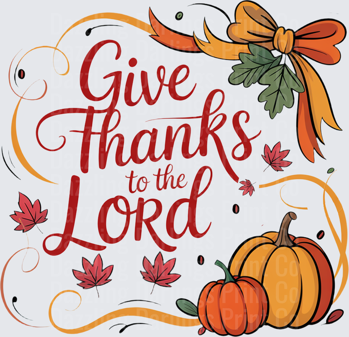 Give Thanks To The Lord Red Script Orange Bow Pumpkin