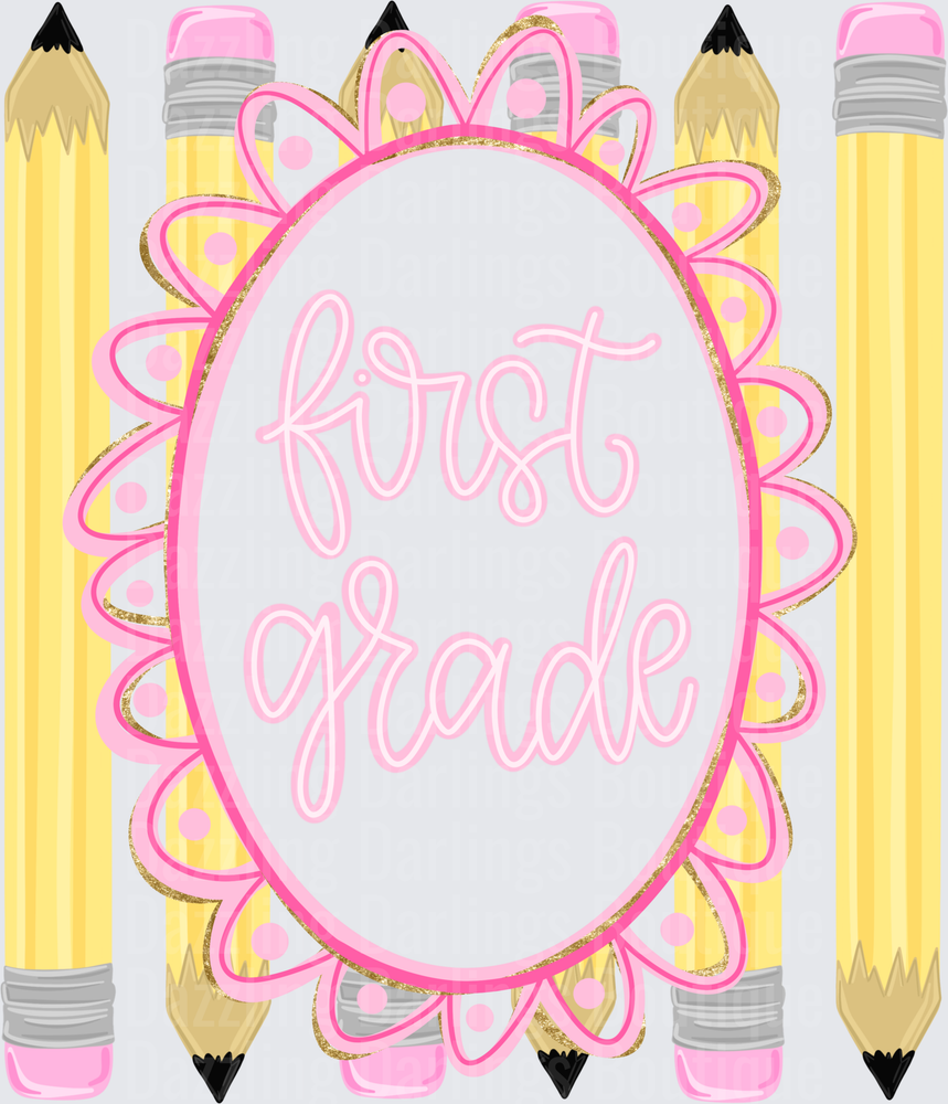 First Grade Pink Floral Frame Yellow Pencils School Design