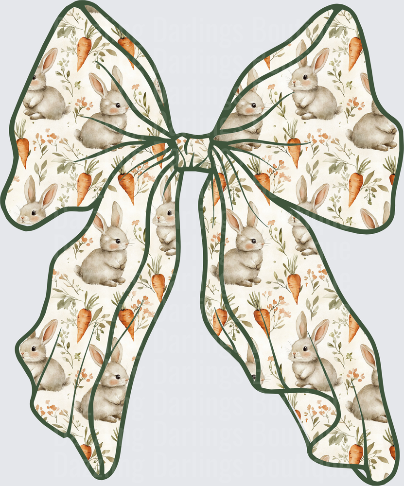 Watercolor Bunny and Carrot Pattern Bow with Green Ribbon