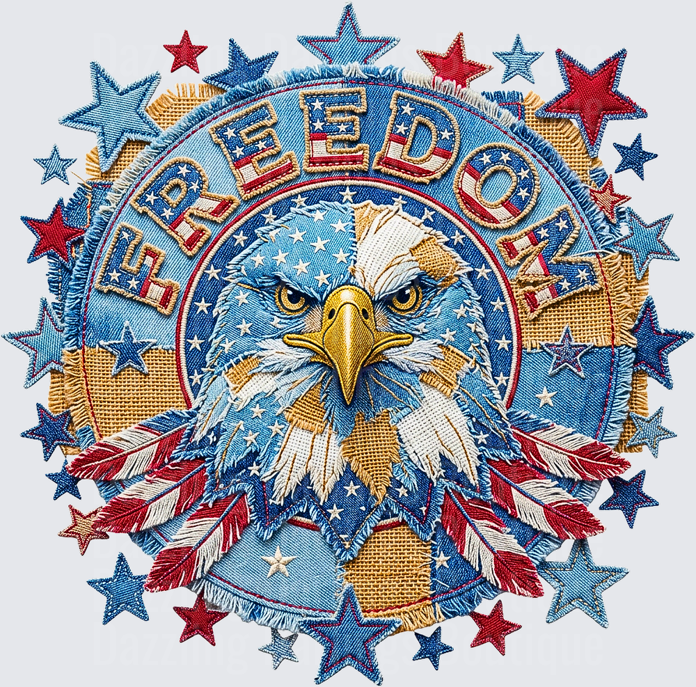 Patriotic Bald Eagle Freedom Stars and Feathers Embroidered Style