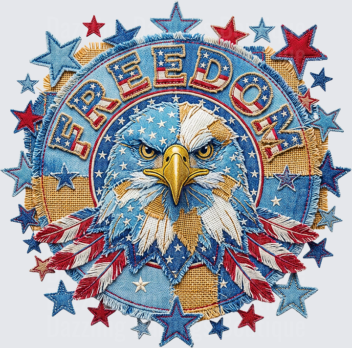 Patriotic Bald Eagle Freedom Stars and Feathers Embroidered Style