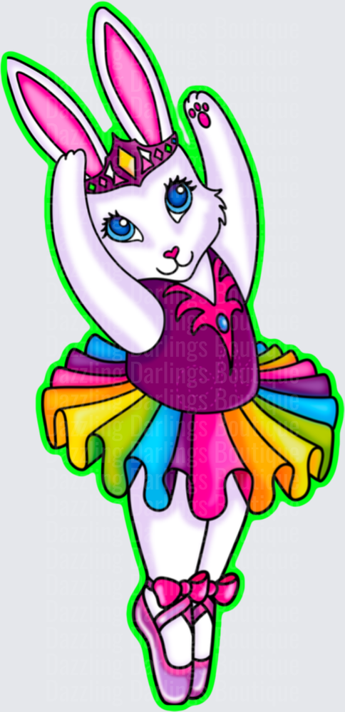White Bunny Ballerina in Rainbow Tutu with Purple Crown