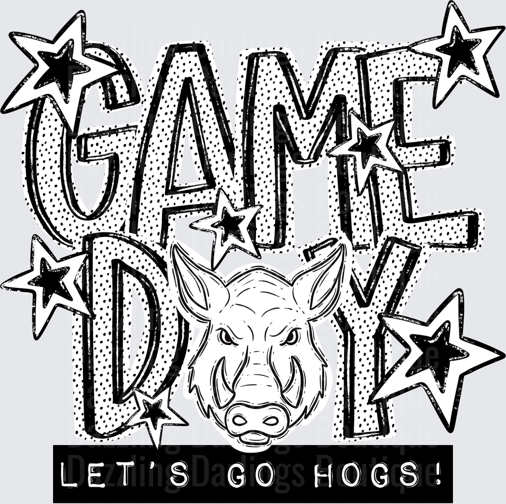 Game Day Let's Go Hogs Razorback Stars Black and White
