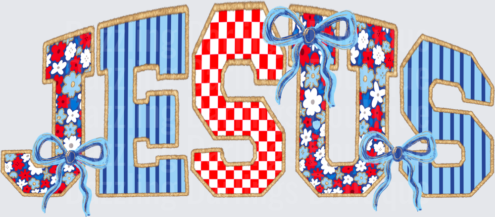 JESUS Floral Patriotic Letters with Blue Ribbons and Checkered Pattern
