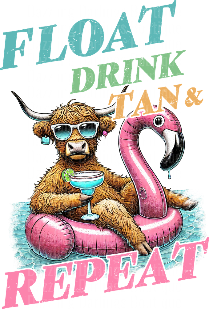 Highland Cow with Sunglasses on Pink Flamingo Float Drinking Margarita Float Drink Tan Repeat