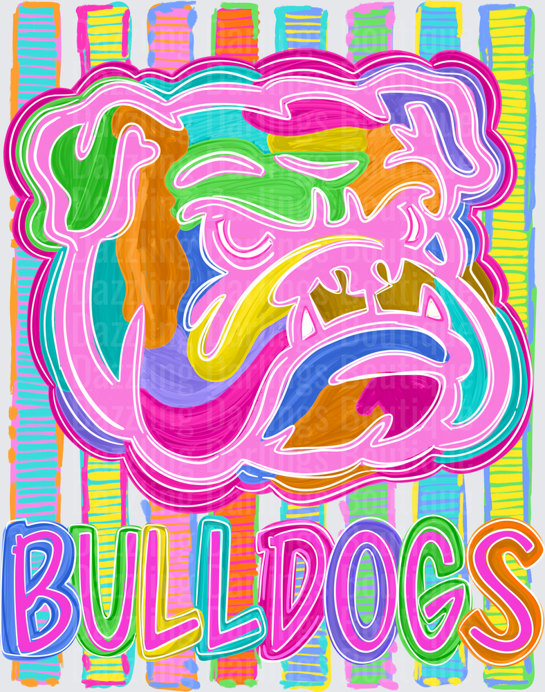 Colorful Striped Bulldogs Mascot Face Bright Neon Design