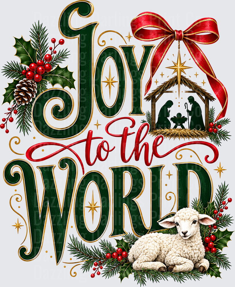 Joy To The World Green Red Script Lamb Holly