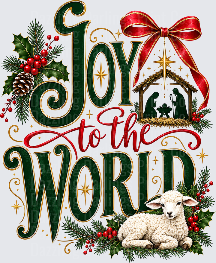 Joy To The World Green Red Script Lamb Holly