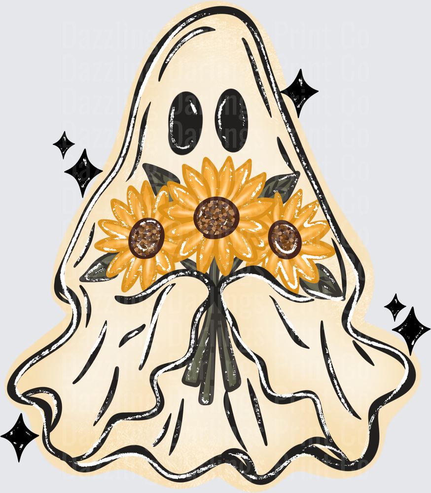 Cute Ghost Holding Sunflower Bouquet with Sparkles