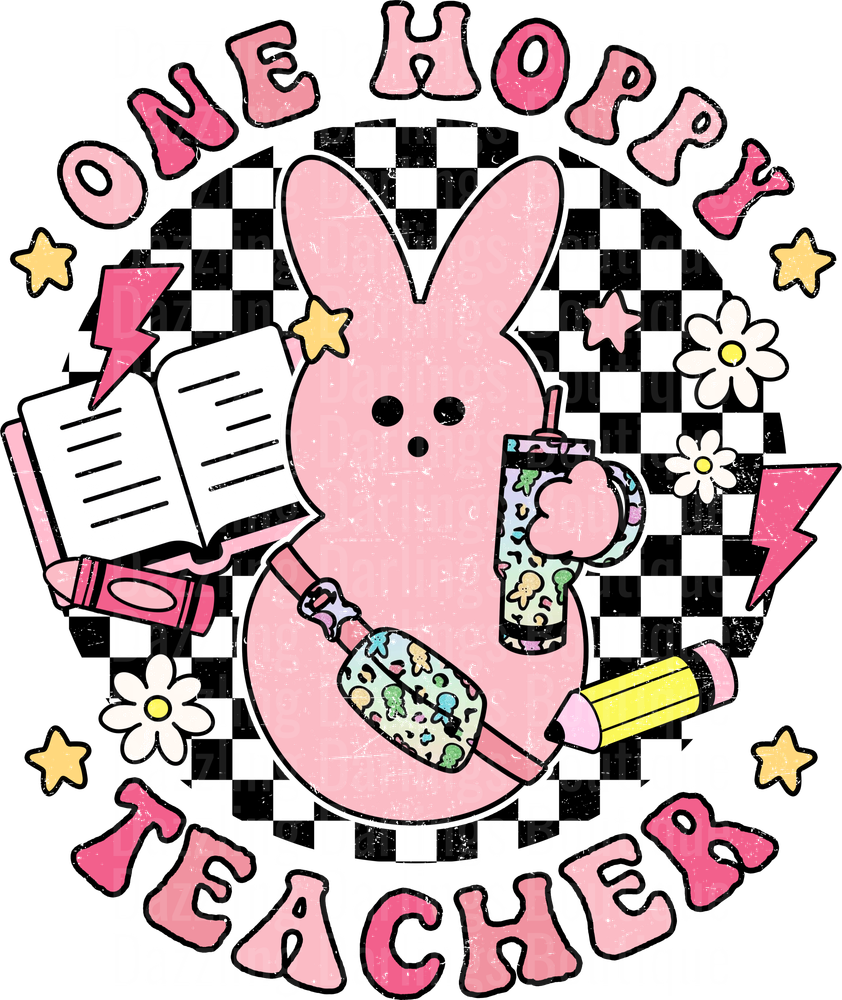 One Hoppy Teacher Pink Bunny with School Supplies Design