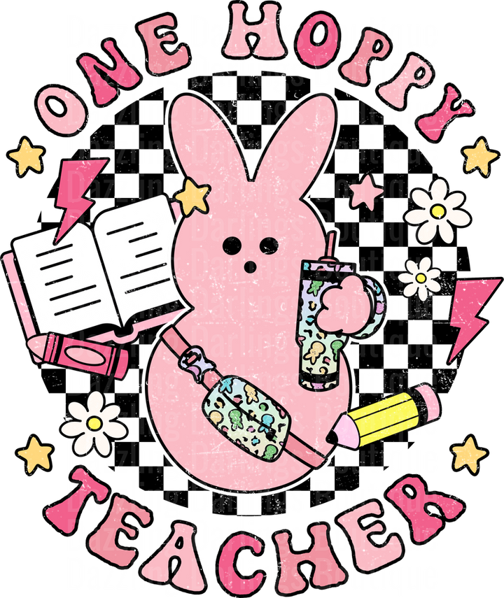 One Hoppy Teacher Pink Bunny with School Supplies Design