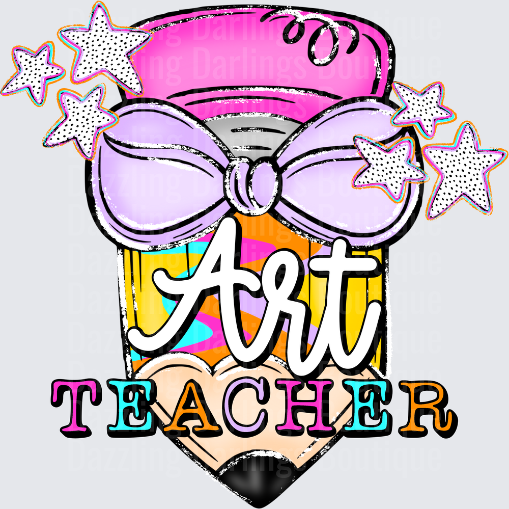 Cute Pencil with Purple Bow Art Teacher Stars Design