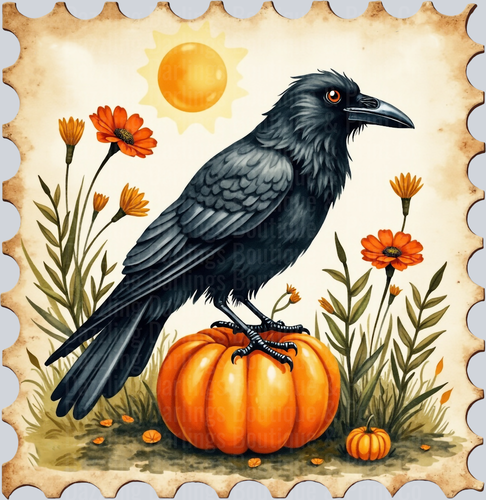 HALLOWEEN FALL BLACK CROW PUMPKIN STAMP DTF TRANSFER