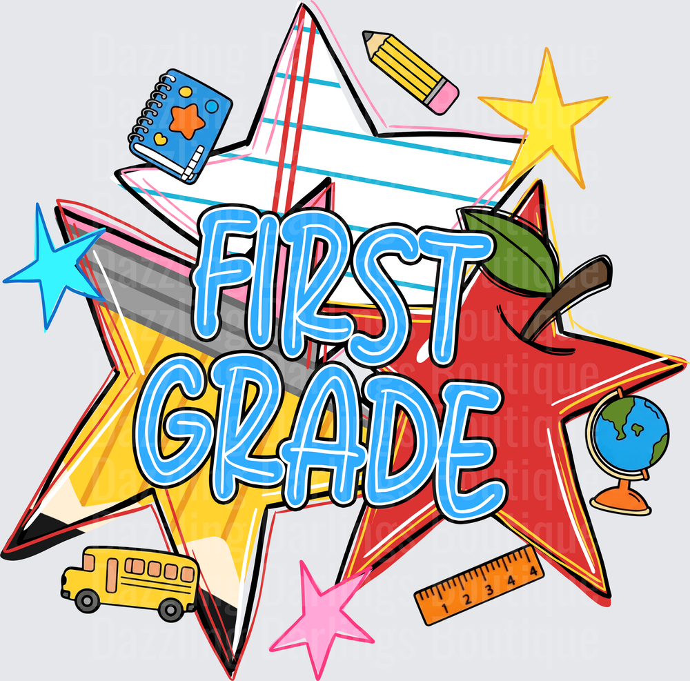 First Grade Back to School Stars Pencil Apple Bus Design