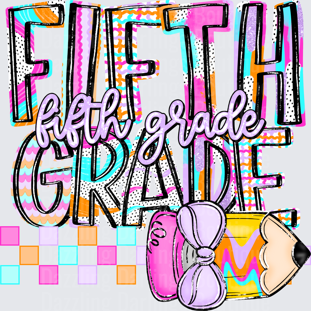 Fifth Grade Bold Colorful Doodle Letters with Pencil and Bow